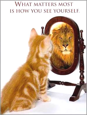 Cat with Self-Confidence Sees A Lion In The Mirror